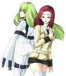  artist_request ashford_academy_uniform ass bodysuit c.c. code_geass green_hair kallen_stadtfeld long_sleeves multiple_girls red_hair straitjacket thighhighs thighs white_bodysuit 