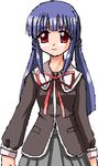  blue_hair dragon_(artist) long_hair long_sleeves lowres red_eyes ribbon school_uniform skirt smile solo tokimeki_memorial tokimeki_memorial_only_love twintails yayoi_mina 