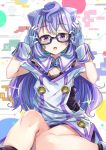  1boy :o bespectacled bike_shorts blue-framed_eyewear blue_eyes blue_hair blush eyebrows_visible_through_hair glasses gloves hacka_doll hacka_doll_3 long_hair looking_at_viewer male_focus moze open_mouth semi-rimless_eyewear sitting solo trap under-rim_eyewear white_gloves 