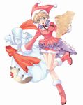 boots cat chiyoko christmas copyright_request hat jester_cap long_sleeves santa_costume scroll signature simple_background solo 