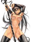  black_gloves black_hair black_legwear bottomless breasts brown_eyes copyright_request crotch_rub elbow_gloves fingerless_gloves gloves large_breasts long_hair muscle nipple_slip nipples nude polearm ribbon simple_background smile solo sun-3 thighhighs thighs weapon 