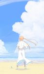  aria artist_request beach capelet cloud day facing_away floating_hair from_behind hand_on_hip hat hat_removed headwear_removed long_sleeves lowres mizunashi_akari ocean outdoors pantyhose robe short_hair_with_long_locks sky solo standing wind 