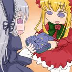  :d beige_background black_dress blonde_hair blue_eyes bow bowtie dress drill_hair eyebrows eyebrows_visible_through_hair flower green_bow green_neckwear hairband holding lolita_hairband long_sleeves lowres multiple_girls open_mouth purple_eyes rose rozen_maiden shinku sidelocks silver_hair simple_background smile suigintou takanashi twin_drills twintails yuri 