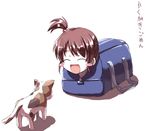 :d ^_^ bag blush_stickers brown_hair calico cat closed_eyes hair_ornament happy in_bag in_container kyon_no_imouto lowres open_mouth ponytail shamisen_(suzumiya_haruhi) side_ponytail smile solo suzumiya_haruhi_no_yuuutsu tokyo_(great_akuta) 