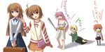  baseball_bat blonde_hair blue_eyes brown_hair character_request green_eyes long_hair long_sleeves lyrical_nanoha mahou_shoujo_lyrical_nanoha_strikers multiple_girls nakayama_yukiji pink_hair purple_eyes red_eyes red_hair shamal short_hair signum striped striped_legwear suitcase thighhighs translation_request vita yagami_hayate 