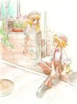  1girl artist_request blonde_hair blue_eyes brick_wall copyright_request crossed_legs flower flower_pot hat long_hair looking_at_another lowres plant sitting sleeves_rolled_up source_request suspenders vines yellow_eyes 