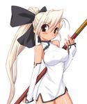  blonde_hair bow breasts china_dress chinese_clothes covered_nipples dress elbow_gloves gloves hair_bow large_breasts long_hair microdress mishima_toshihiro original ponytail red_eyes solo staff toggles very_long_hair white_dress 