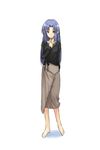  blue_eyes blue_hair braid caster casual fate/stay_night fate_(series) finger_to_chin full_body long_hair long_skirt long_sleeves looking_at_viewer pointy_ears shima-shuu simple_background skirt solo standing tan_skirt white_background 