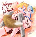  2girls animal_ears barefoot blonde_hair blue_eyes blue_hair blush chocolate feet firefox foreshortening fox_ears fox_tail happy_valentine heart licking lying multiple_girls naked_chocolate naked_ribbon nude os-tan paw_print personification piro_(piro_r) ribbon short_hair signature tail thighhighs thunderbird valentine yellow_eyes yuri 