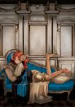  architecture artist_request bloomers chaise_longue copyright_request dress hair_ornament legs long_hair looking_at_viewer lying on_stomach red_hair ringlets solo underwear victorian 
