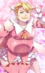  1boy \n/ arm_up artist_name ascot bare_shoulders big_belly blonde_hair blue_eyes blurry blurry_background breasts cleavage commentary_request cosplay dress facial_hair fat fat_man fate/grand_order fate/kaleid_liner_prisma_illya fate_(series) feathers frilled_dress frills gloves goldorf_musik hair_feathers highres large_breasts leaning_forward looking_at_viewer male_focus mustache orange_neckwear pink_background pink_dress pink_legwear prisma_illya prisma_illya_(cosplay) sakura_tsubame solo sparkle thighhighs two_side_up v-shaped_eyebrows white_gloves 