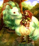  albino ankle_boots armor armored_boots artist_request blue_sky boots claws day dragon dragoon full_body fur horns legend_of_mana lying on_stomach outstretched_arm petting plant red_eyes red_hair rock seiken_densetsu sierra sky standing tree under_tree vadise white_fur 