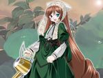  :d blush brown_hair center_frills frilled_shirt_collar frills green_eyes grey_hair head_scarf heterochromia holding long_hair long_sleeves looking_at_viewer open_mouth red_eyes rozen_maiden smile solo suiseiseki umekichi very_long_hair watering_can 
