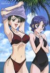  :d :o absurdres armpits arms_up aya_kobayashi bangs bikini blue_eyes blue_hair blunt_bangs blush breasts cleavage cloud covering covering_breasts day earrings embarrassed green_eyes green_hair hands_on_own_chest highres ikeda_yuuji jewelry kusuha_mizuha large_breasts looking_at_viewer looking_away magazine_scan mature megami multiple_girls naughty_face navel non-web_source ocean official_art one-piece_swimsuit open_mouth outdoors palm_tree parted_bangs scan shirt_lift short_hair sideboob sky smile standing super_robot_wars super_robot_wars_og_divine_wars super_robot_wars_original_generation swept_bangs swimsuit tree undressing water 