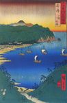  2boys absurdres beach boat city highres hiroshige_awa mountain multiple_boys original sail ship traditional_media translation_request tree watercraft 