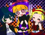  :d ^_^ ^o^ akazutsumi_momoko artist_request bangs belt black_dress blonde_hair blunt_bangs blush cape closed_eyes contrapposto dress earrings goutokuji_miyako green_eyes halloween hyper_blossom jewelry looking_at_viewer lowres matsubara_kaoru multiple_girls open_mouth powered_buttercup powerpuff_girls_z red_eyes rolling_bubbles short_hair smile sparkling_eyes speech_bubble standing striped striped_legwear talking text_focus thighhighs translation_request twintails upper_body zettai_ryouiki 