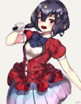  :o artist_name black_hair blush breasts brown_eyes gloves hair_between_eyes hand_up highres microphone mizuno_ai music pohdae short_sleeves simple_background singing skirt small_breasts white_gloves zombie_land_saga 