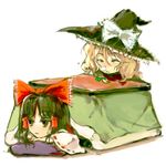  black_hair blonde_hair bow hair_bow hair_tubes hakurei_reimu hat hat_bow kirisame_marisa kotatsu long_sleeves multiple_girls nokishita nose_bubble parted_lips red_bow red_ribbon ribbon ribbon-trimmed_sleeves ribbon_trim short_hair simple_background sleeping table touhou under_kotatsu under_table white_background white_bow witch_hat 