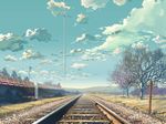  cloud day kumo_no_mukou_yakusoku_no_basho no_humans photorealistic railroad_tracks scenery shinkai_makoto sky tree vanishing_point 