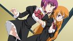  blue_eyes brown_eyes hair_ribbon half_updo itsukushima_takako long_hair long_sleeves mikado_mariya multiple_girls open_mouth orange_hair otome_wa_boku_ni_koishiteru purple_hair ribbon sanshita school_uniform short_hair thighhighs 