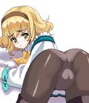  artist_request ass ass_focus blonde_hair green_eyes hairband long_sleeves looking_back lowres natalia_luzu_kimlasca_lanvaldear orange_neckwear panties panties_under_pantyhose pantyhose short_hair solo tales_of_(series) tales_of_the_abyss underwear 