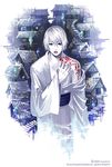  copyright_request japanese_clothes long_sleeves male_focus solo tattoo village white_hair yusato_(kurohako) 