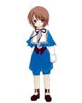  ascot brown_footwear brown_hair capelet frills full_body green_eyes heterochromia long_sleeves looking_at_viewer neck_ribbon nyoi red_eyes ribbon rozen_maiden shoes short_hair shorts simple_background solo souseiseki standing white_background white_legwear 