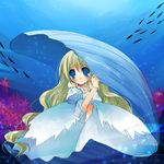  animal blonde_hair blue blue_background blue_eyes copyright_request detached_sleeves dress fish jewelry long_hair necklace oyster pearl shell shy suzushiro_kurumi underwater white_dress 