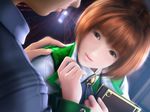 1girl artist_request bangs biko_3 blue_eyes blunt_bangs book brown_eyes brown_hair dutch_angle formal game_cg green_vest hands_on_another's_shoulder holding holding_book long_sleeves realistic short_hair solo_focus suit upper_body vest 
