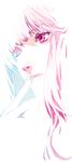  bangs blue_eyes blue_hair chiyoko close-up closed_mouth face finger_to_mouth heterochromia light_frown long_hair looking_away looking_to_the_side multicolored_hair original pale_skin pink_eyes pink_hair simple_background solo white_background 