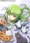 arthur_(code_geass) bangs bodysuit c.c. cat cheese_trail code_geass food green_hair holding_pizza long_hair long_sleeves lowres midori_(searchlight) pizza slice_of_pizza solo straitjacket white_bodysuit 