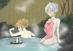  alcohol blonde_hair multiple_girls onsen sake shikai_(iesiki_56) touhou towel yagokoro_eirin yakumo_yukari 