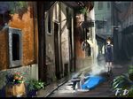  alphonse_(white_datura) backpack bag city plant puddle reflection road scenery school_uniform street umbrella 