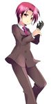  adjusting_clothes adjusting_gloves bazett_fraga_mcremitz earrings fate/hollow_ataraxia fate/stay_night fate_(series) formal gloves jewelry long_sleeves pant_suit red_eyes red_hair short_hair single_glove solo subaru_(yachika) suit 