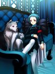  aqua_hair armband brown_eyes couch dog koromaru long_sleeves lying oogami_yuuki pantyhose persona persona_3 school_uniform smile solo velvet_room white_legwear yamagishi_fuuka 