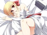  bed blonde_hair blush bow breasts chihaya_(moshiraba) game_cg hair_bow japanese_clothes long_sleeves lying medium_breasts moshimo_ashita_ga_hare_naraba nipple_slip nipples on_side red_eyes solo yuuki_makoto_(radiant) 