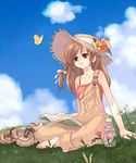  barefoot book bottle brown_hair bug butterfly cloud copyright_request day feet grass hat indian_style insect kuga_tsukasa off_shoulder outdoors overalls peaceful ribbon shoes shoes_removed sitting sky sneakers solo sun_hat toes 