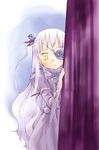 barasuishou curtains dress long_hair long_sleeves looking_at_viewer peeking_out purple_dress rozen_maiden silver_hair solo standing takano_natsuki yellow_eyes 