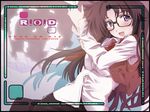  :d blush brown_hair character_name copyright_name glasses hits long_hair long_sleeves looking_at_viewer okiura open_mouth purple_eyes read_or_die shirt smile solo vest white_shirt yomiko_readman 