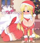  blonde_hair blue_eyes boots breast_squeeze breasts christmas cleavage elbow_gloves gloves goban hat huge_breasts long_hair miniskirt original red_gloves santa_costume santa_hat skirt smile solo thighhighs very_long_hair 