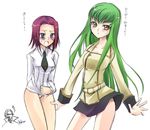  ashford_academy_uniform bangs blue_eyes blush bottomless brown_eyes c.c. code_geass green_hair kallen_stadtfeld long_hair long_sleeves multiple_girls necktie open_mouth panties red_hair school_uniform short_hair skirt translation_request underwear white_panties yukian zero_(code_geass) 