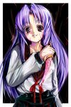  asakura_ryouko belt blood empty_eyes evil_grin evil_smile grin holding holding_knife kita_high_school_uniform knife long_hair long_sleeves looking_at_viewer purple_eyes purple_hair school_uniform serafuku smile solo suzumiya_haruhi_no_yuuutsu waku 