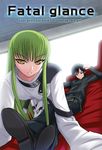  1girl all_fours arm_up black_hair blush bodysuit c.c. code_geass foreshortening green_hair lelouch_lamperouge long_hair long_sleeves looking_at_viewer lying military military_uniform on_back parted_lips purple_eyes robe sidelocks straitjacket sumeragi_seisuke teeth text_focus tsurime turtleneck uniform very_long_hair white_bodysuit yellow_eyes 