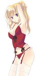  adjusting_hair armpits arms_behind_head blonde_hair blue_eyes bustier copyright_request frilled_panties frills lingerie minase_ruruu mouth_hold panties red_panties solo standing thighhighs underwear underwear_only white_legwear 