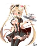  amafuku_amane black_legwear blonde_hair blush copyright_request fork long_hair one_eye_closed plate ribbon solo thighhighs tray twintails very_long_hair waitress zettai_ryouiki 