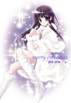  black_hair boots brown_eyes capelet dress fur_trim hands_clasped knee_boots long_hair long_sleeves merry_christmas original own_hands_together sanshoku_amido solo sparkle white_dress 