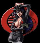  baroness_(g.i._joe) belt black_hair blue_eyes breasts cleavage cobra_command e.k_weaver g.i._joe glasses gun handgun large_breasts lowres mauser_c96 pistol solo something_awful undressing weapon 