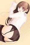  arima_senne ass bent_over black_legwear black_panties brown_hair garter_belt glasses highres kashiwamochi_yomogi lingerie long_sleeves lying on_side original panties solo thighhighs underwear underwear_only 