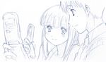  1girl blue cellphone long_hair monochrome phone ponytail sketch takahashi_mugi tokimeki_memorial tokimeki_memorial_only_love yayoi_mina 