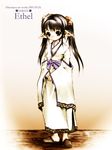  black_eyes black_hair character_name elf full_body hitomaru japanese_clothes kimono long_hair long_sleeves looking_at_viewer obi original pointy_ears sandals sash solo standing twintails white_kimono wide_sleeves 